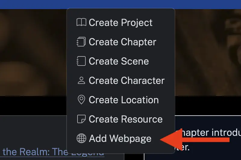 Create Webpage menu item