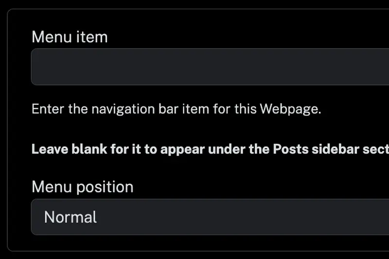 Menu item and position webpage element form