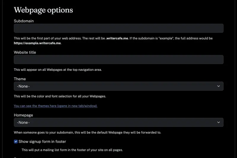 Website settings form
